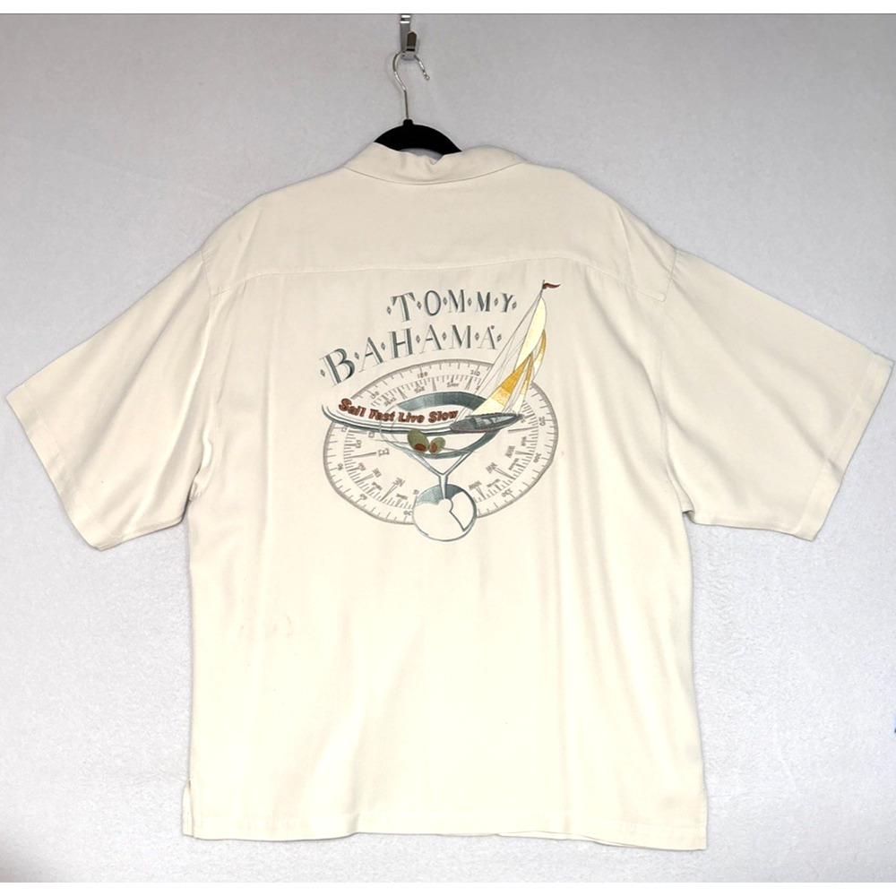 Tommy Bahama Mens XL Silk Camp Shirt Beige Embroidered Sail Fast Live Slow - Picture 2 of 8